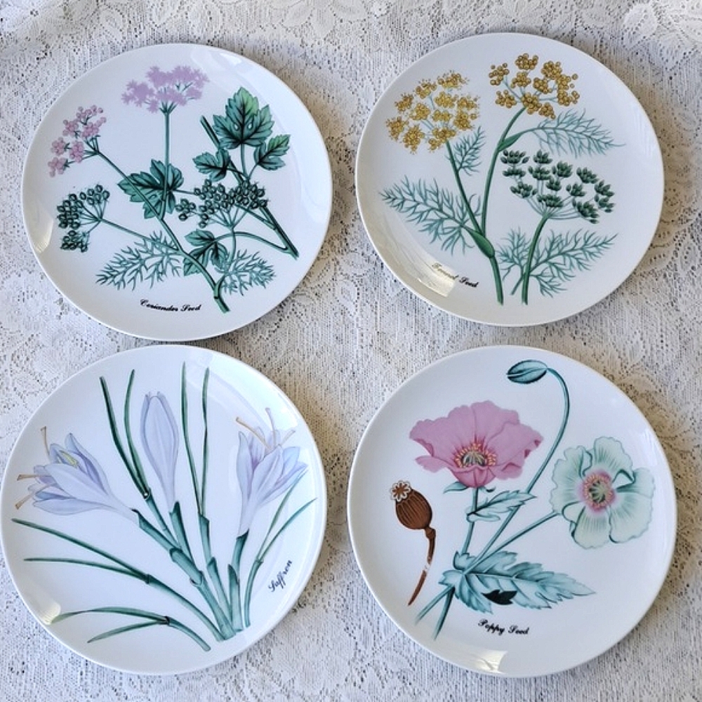 4 Vtg Horchow Botanical Spice Luncheon Plates Saffron Poppy Fennel Coriander